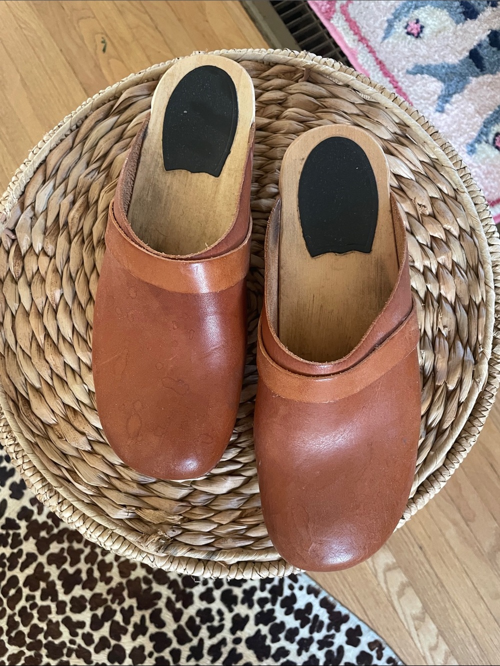 Swedish Hasbeens Tan Brown Leather Clogs